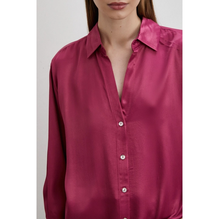 Floş Basic Saten Gömlek Mürdüm
