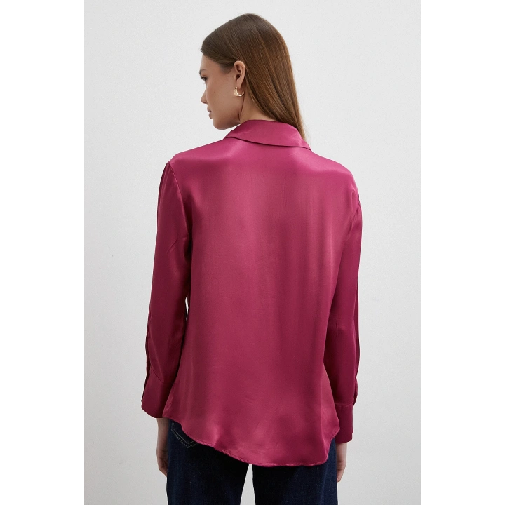 Floş Basic Saten Gömlek Mürdüm