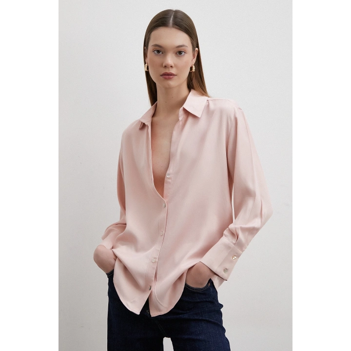 Floş Basic Saten Gömlek Pembe
