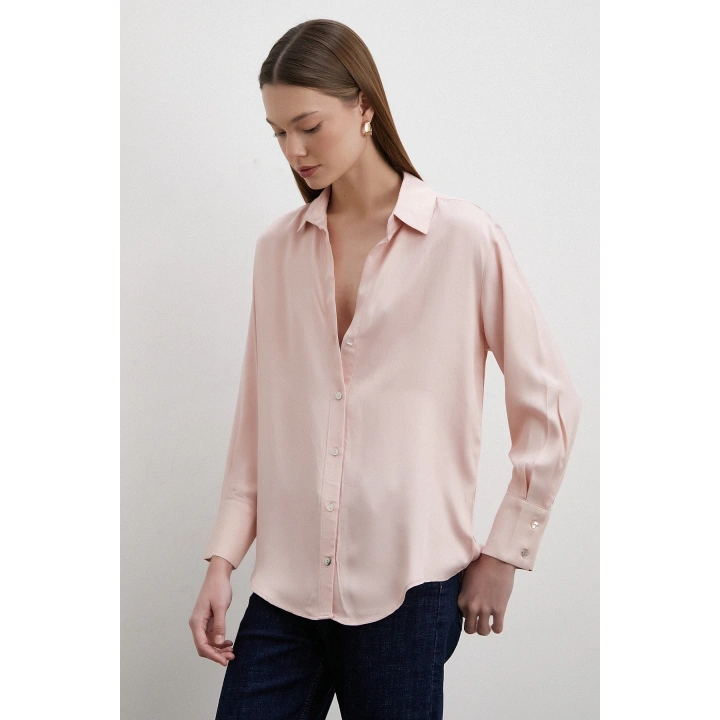 Floş Basic Saten Gömlek Pembe