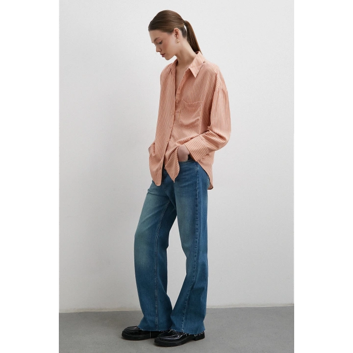 Fury Mango Çizgili Gömlek Pudra