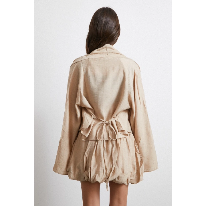 Geniş Kol Önden Bağlamalı Bluz Bej