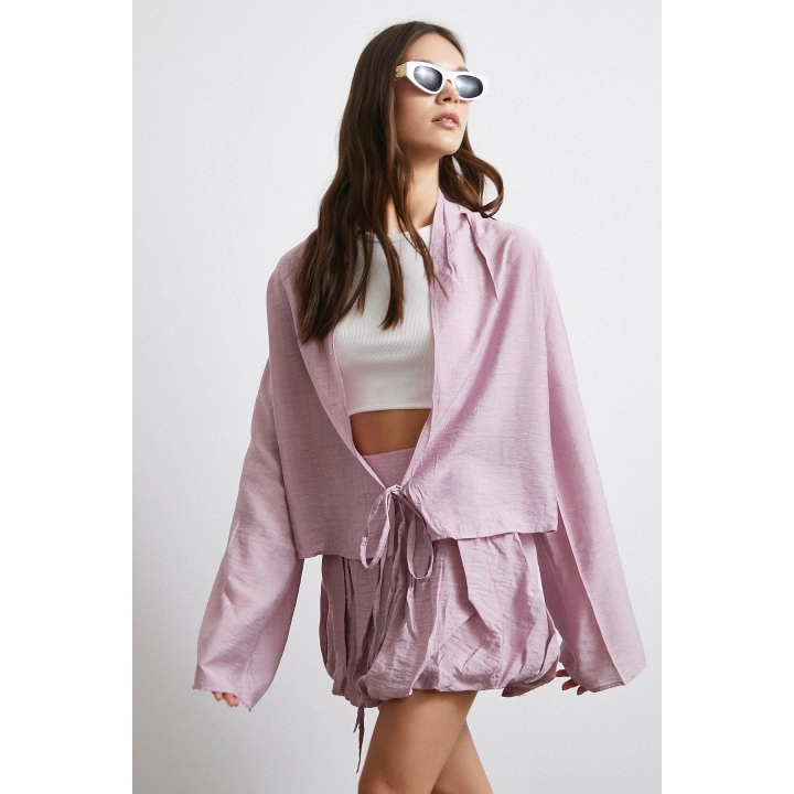 Geniş Kol Önden Bağlamalı Bluz Lila