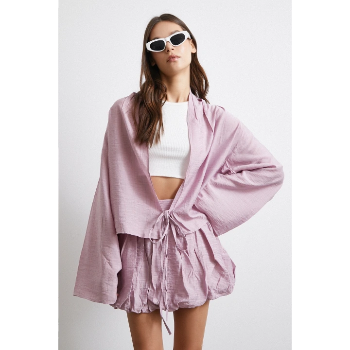 Geniş Kol Önden Bağlamalı Bluz Lila