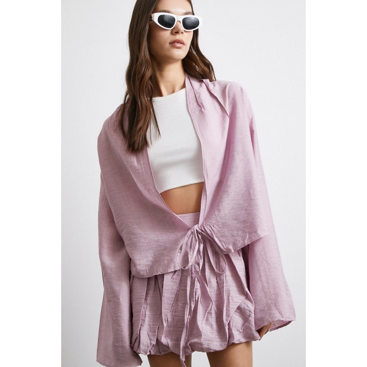 Geniş Kol Önden Bağlamalı Bluz Lila
