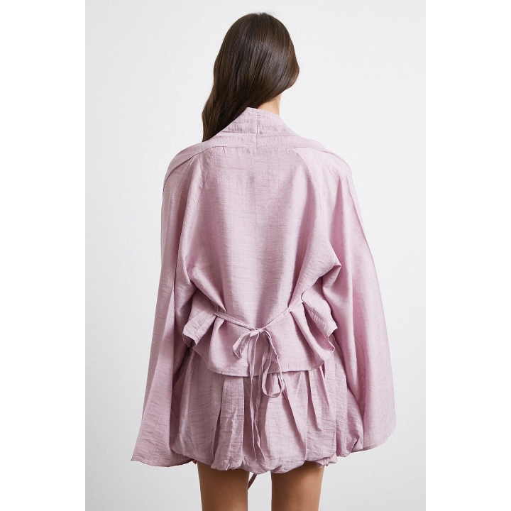 Geniş Kol Önden Bağlamalı Bluz Lila
