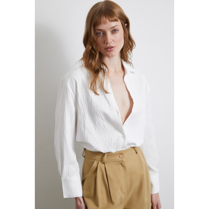 Geniş Manşetli Çizgili Gömlek Beyaz