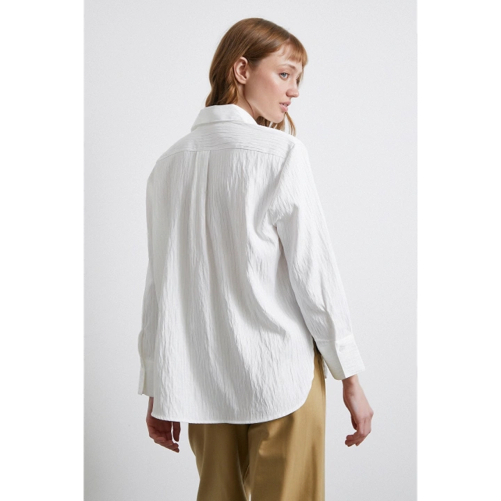 Geniş Manşetli Çizgili Gömlek Beyaz