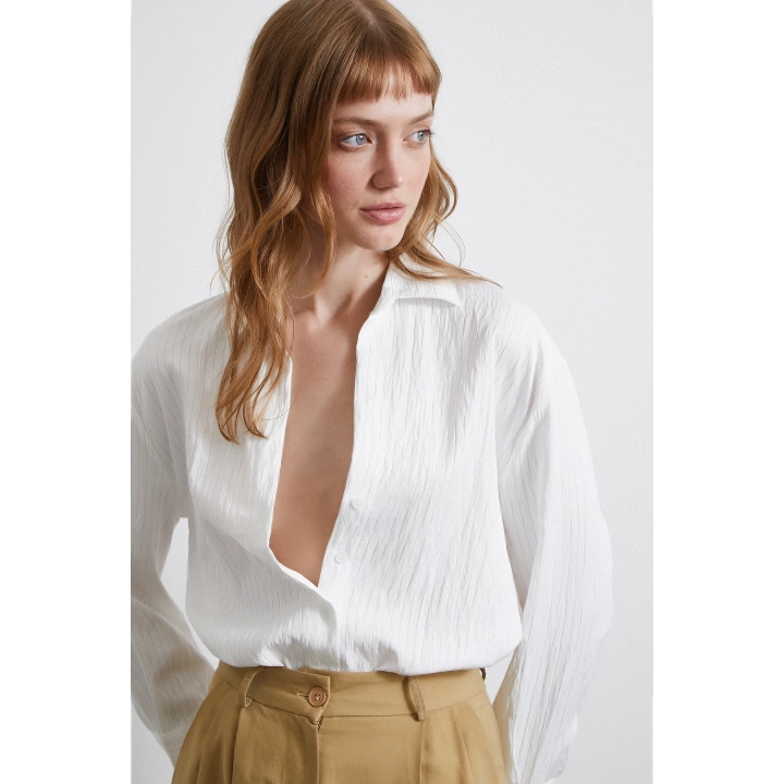 Geniş Manşetli Çizgili Gömlek Beyaz