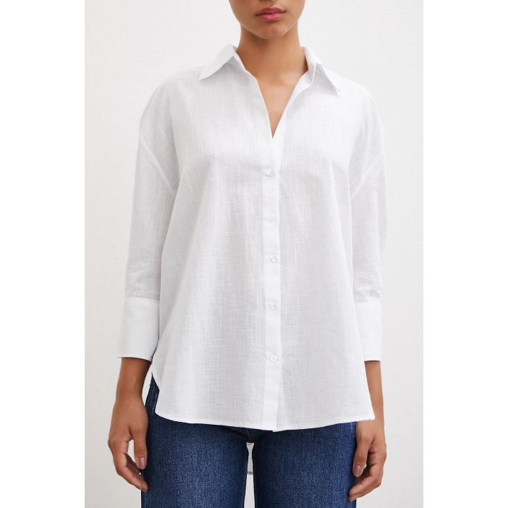 Geniş Manşetli Keten Gömlek Beyaz