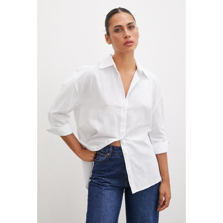 Geniş Manşetli Keten Gömlek Beyaz