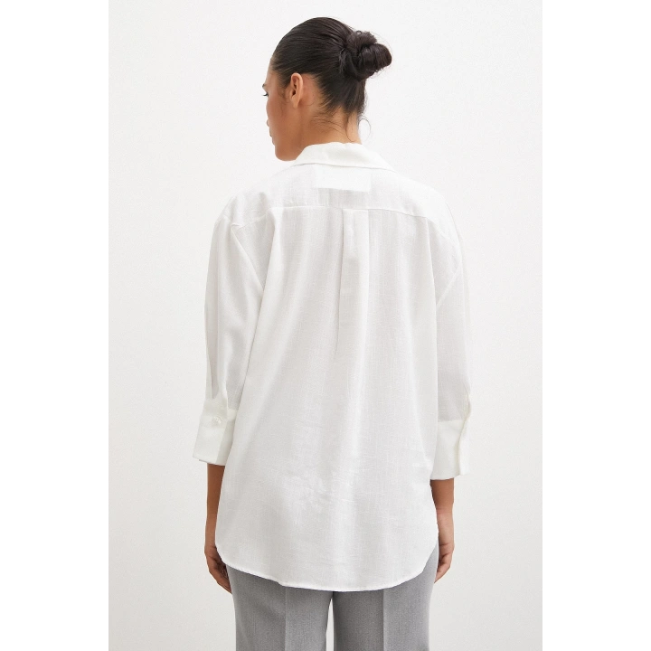 Geniş Manşetli Keten Gömlek Ekru