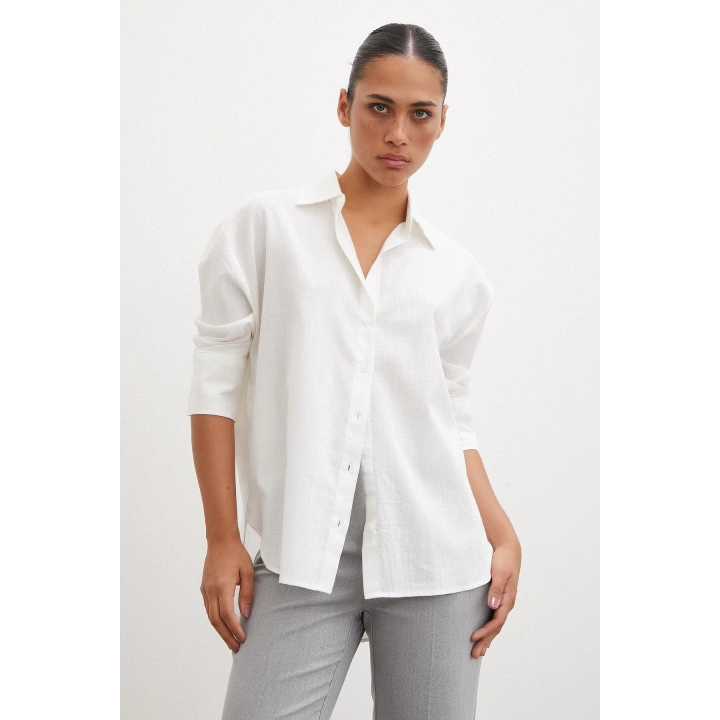 Geniş Manşetli Keten Gömlek Ekru