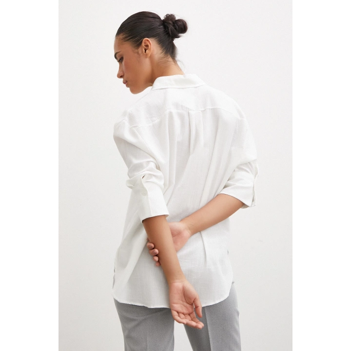 Geniş Manşetli Keten Gömlek Ekru