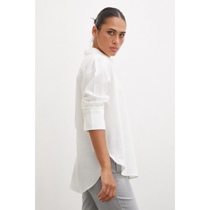 Geniş Manşetli Keten Gömlek Ekru