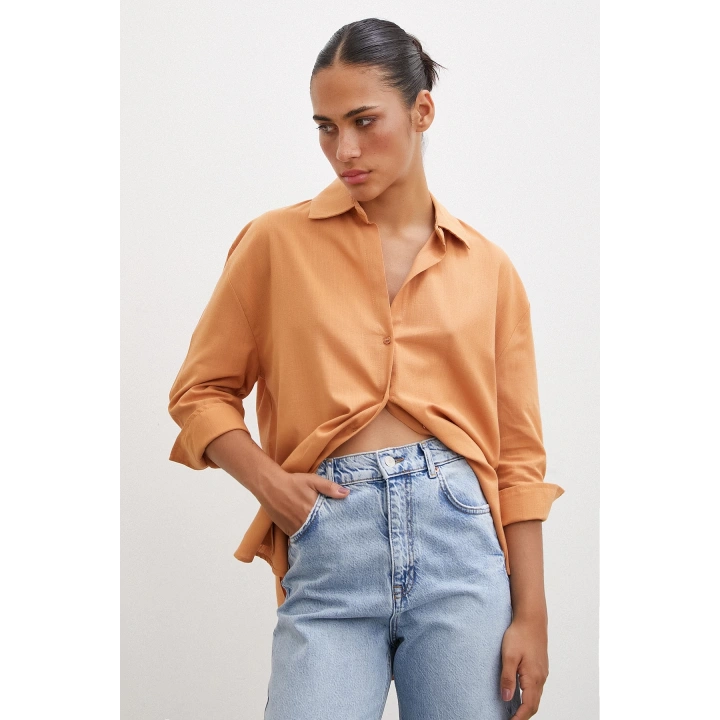 Geniş Manşetli Keten Gömlek Kahve