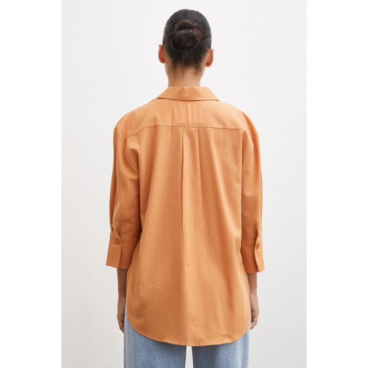 Geniş Manşetli Keten Gömlek Kahve