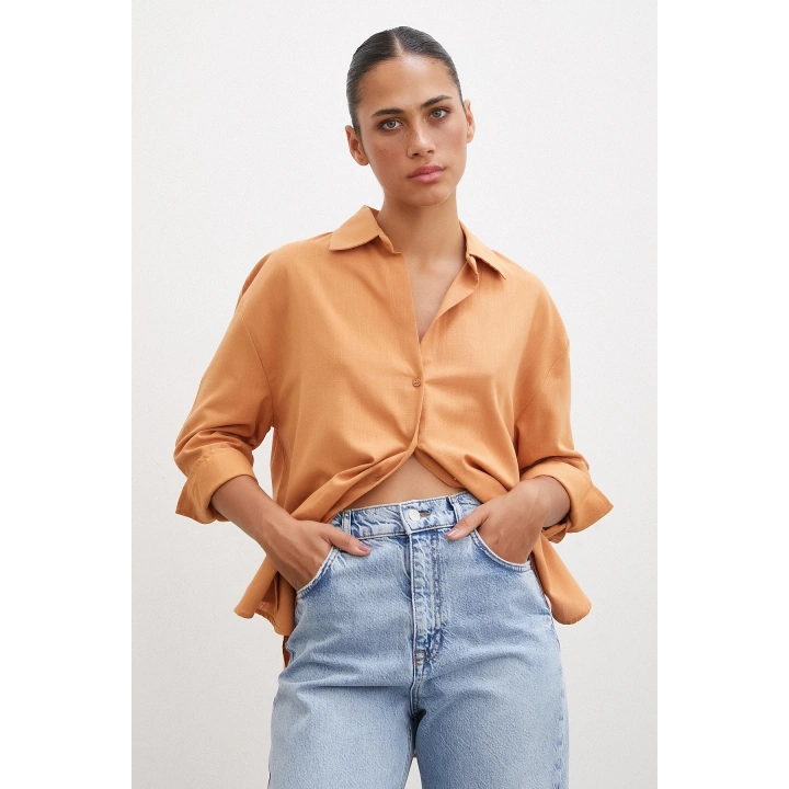 Geniş Manşetli Keten Gömlek Kahve