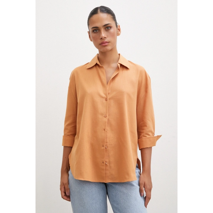Geniş Manşetli Keten Gömlek Kahve