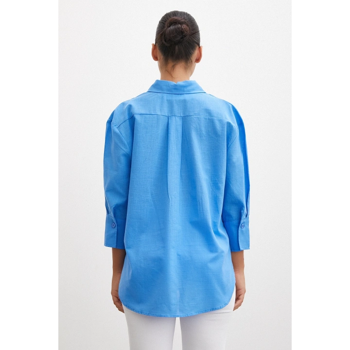 Geniş Manşetli Keten Gömlek Mavi