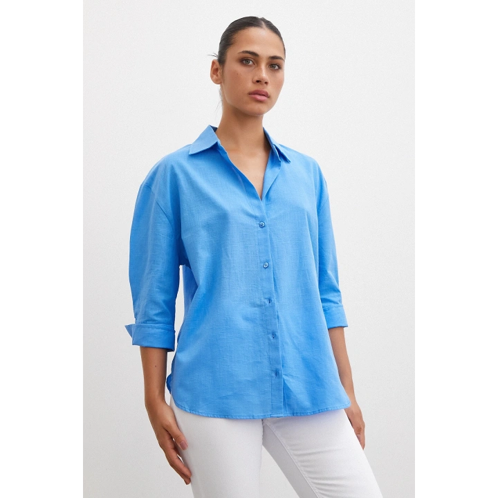 Geniş Manşetli Keten Gömlek Mavi