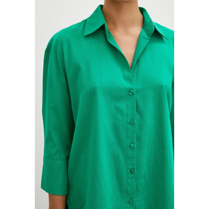 Geniş Manşetli Keten Gömlek Yeşil