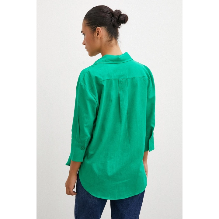 Geniş Manşetli Keten Gömlek Yeşil
