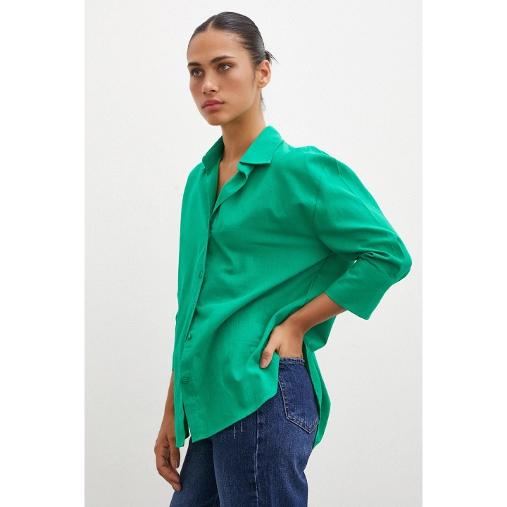 Geniş Manşetli Keten Gömlek Yeşil