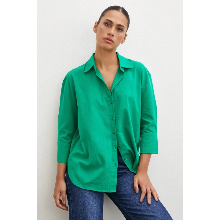 Geniş Manşetli Keten Gömlek Yeşil