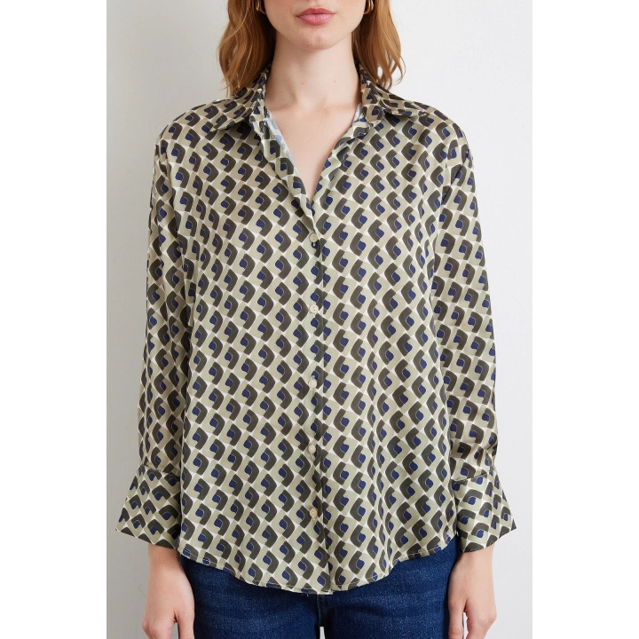 Geometrik Desenli Saten Gömlek Haki