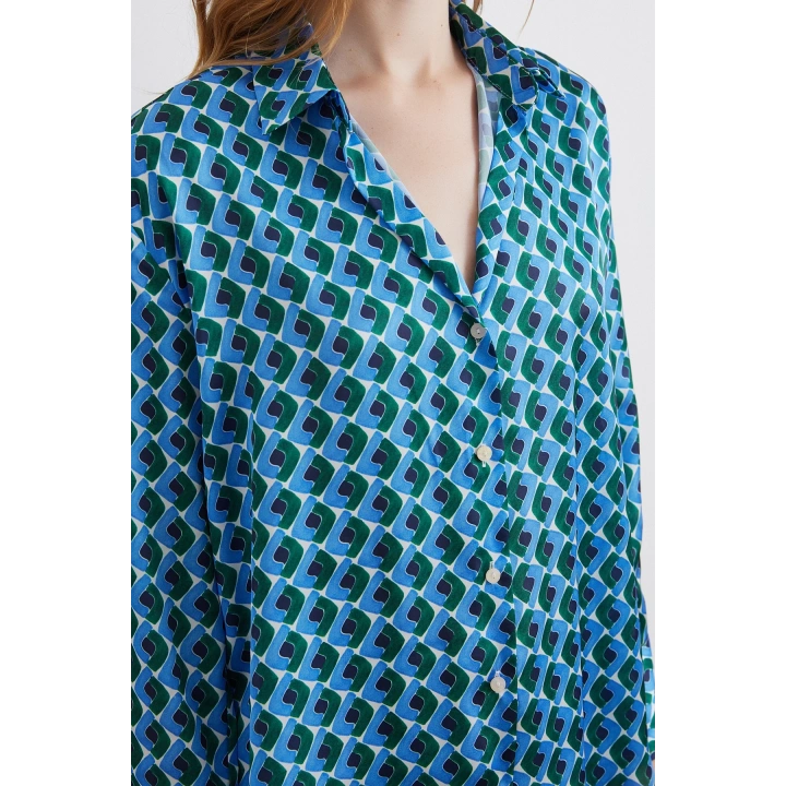 Geometrik Desenli Saten Gömlek Mavi