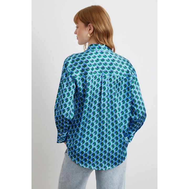 Geometrik Desenli Saten Gömlek Mavi