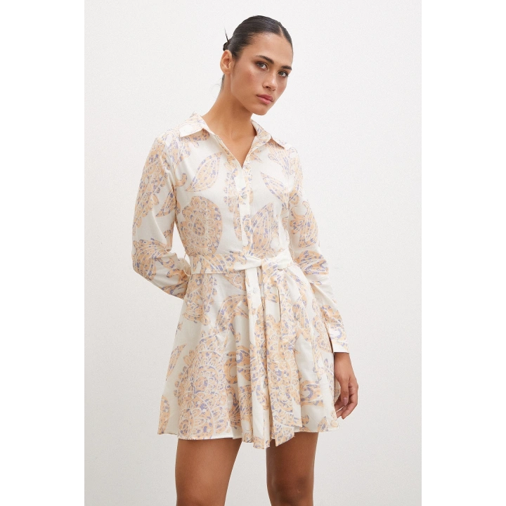 Godeli Desenli Elbise Krem