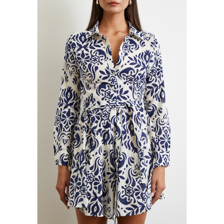 Godeli Desenli Elbise Lacivert