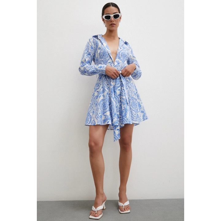 Godeli Desenli Elbise Mavi