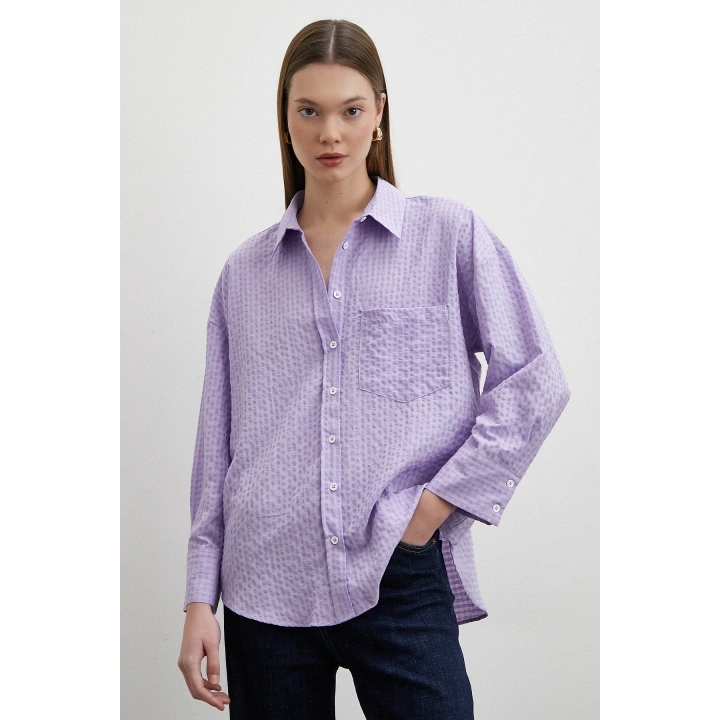 Gofre Kareli Gömlek Mor