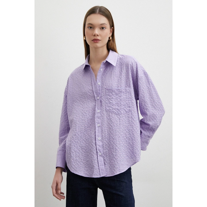 Gofre Kareli Gömlek Mor