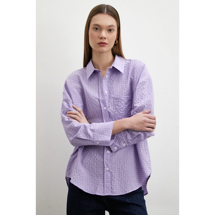 Gofre Kareli Gömlek Mor