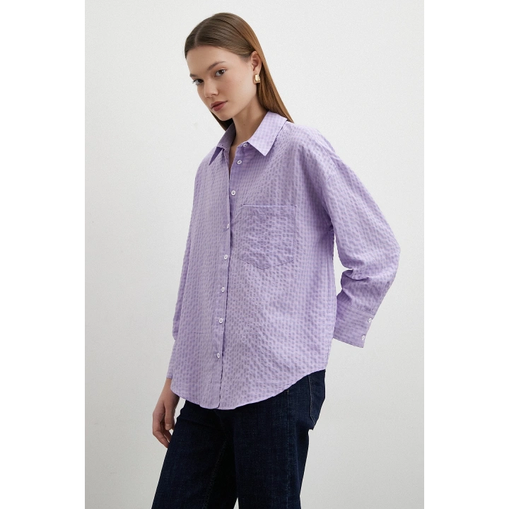 Gofre Kareli Gömlek Mor