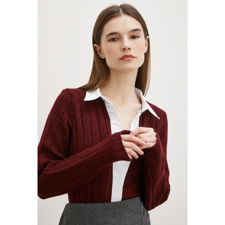 Gömlek Yaka İpek Hırka Bordo