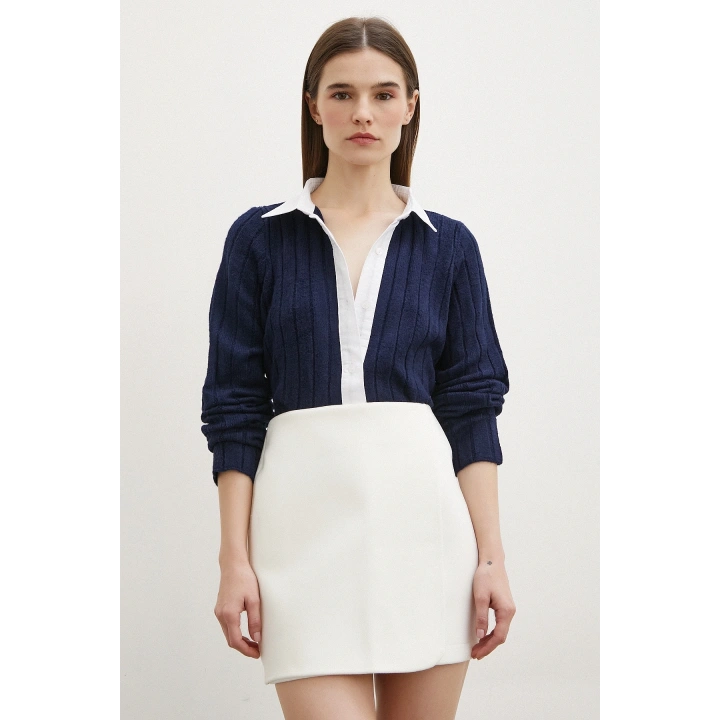 Gömlek Yaka İpek Hırka Lacivert