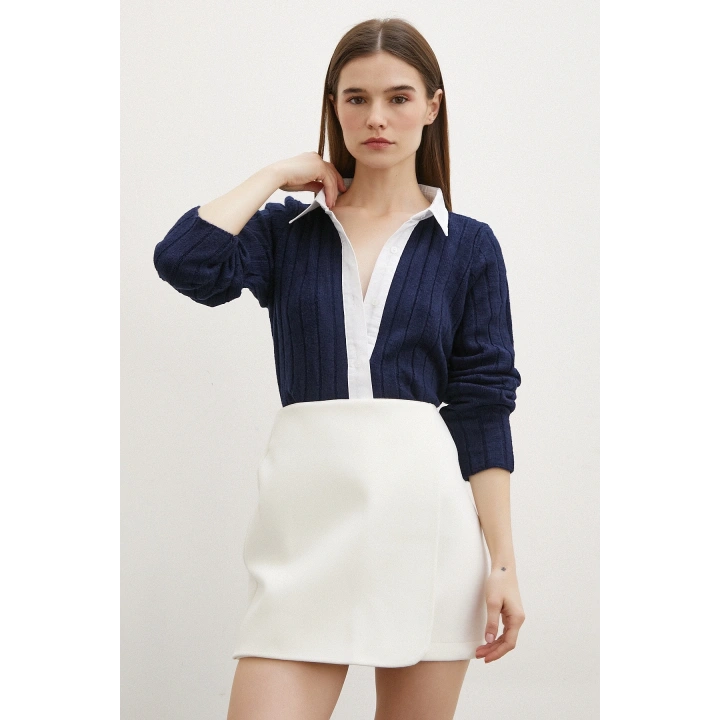 Gömlek Yaka İpek Hırka Lacivert