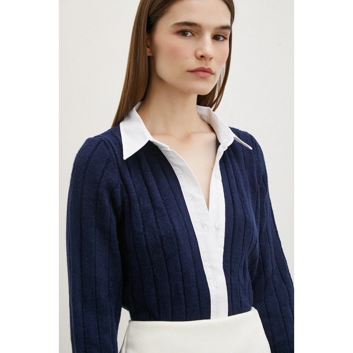 Gömlek Yaka İpek Hırka Lacivert