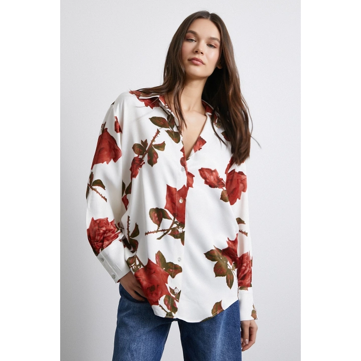 Gül Baskılı Saten Gömlek Beyaz