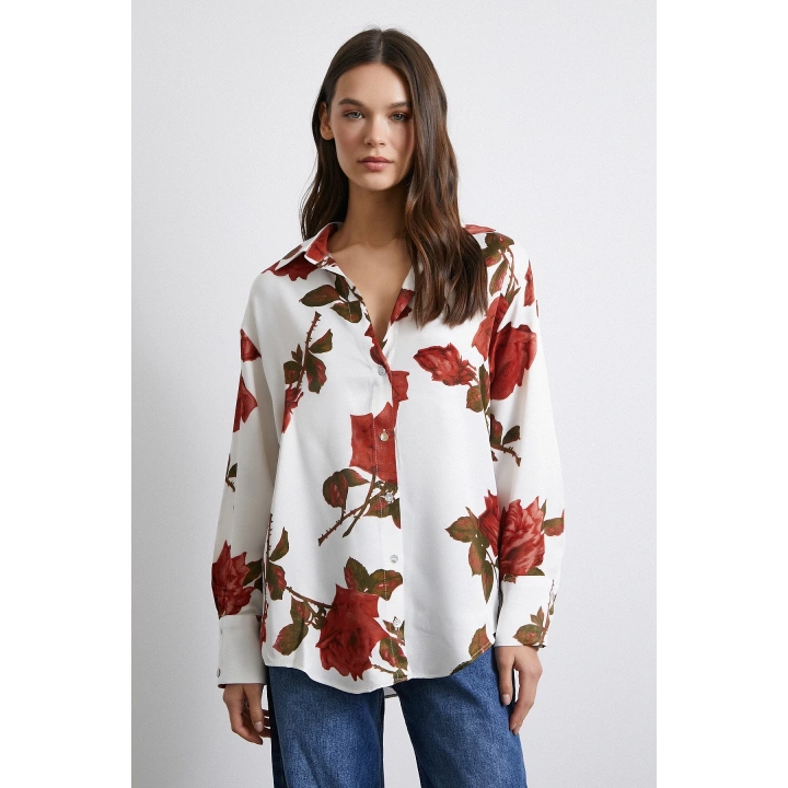 Gül Baskılı Saten Gömlek Beyaz