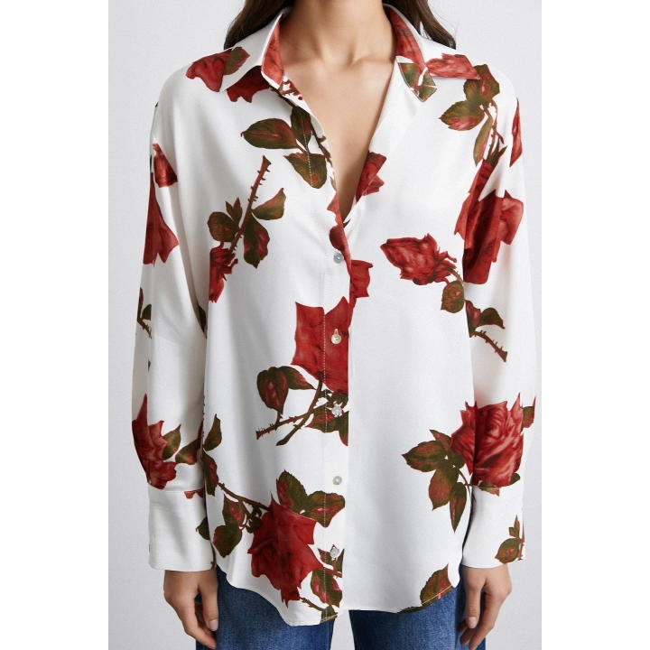 Gül Baskılı Saten Gömlek Beyaz