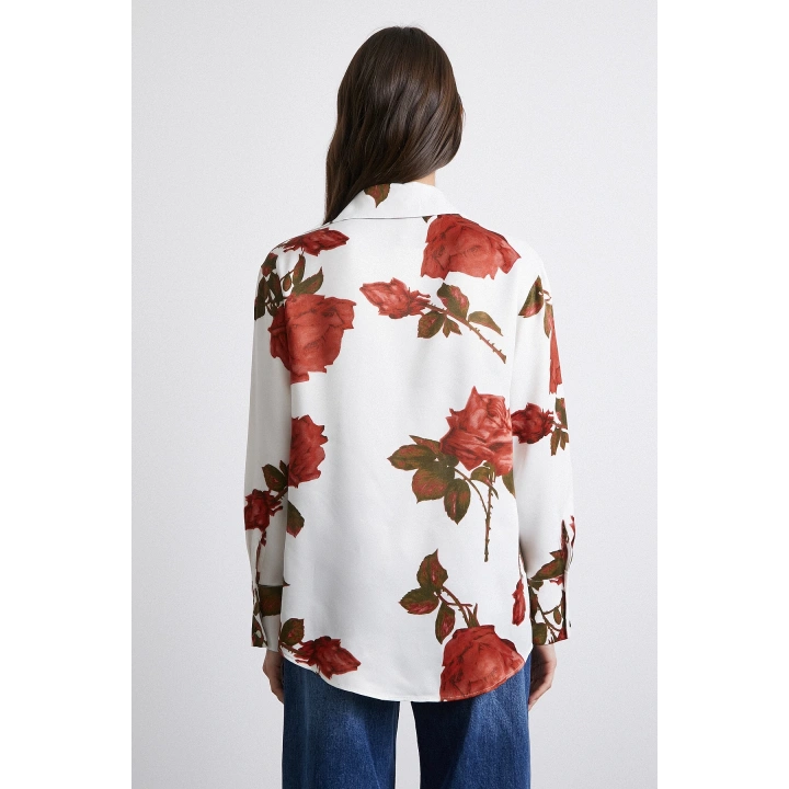 Gül Baskılı Saten Gömlek Beyaz