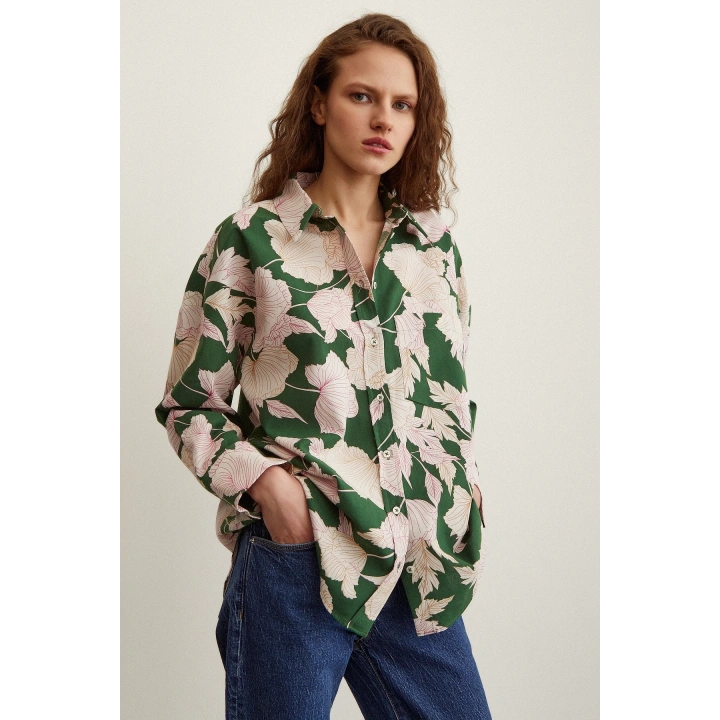 Gül Desenli Poplin Gömlek Yeşil