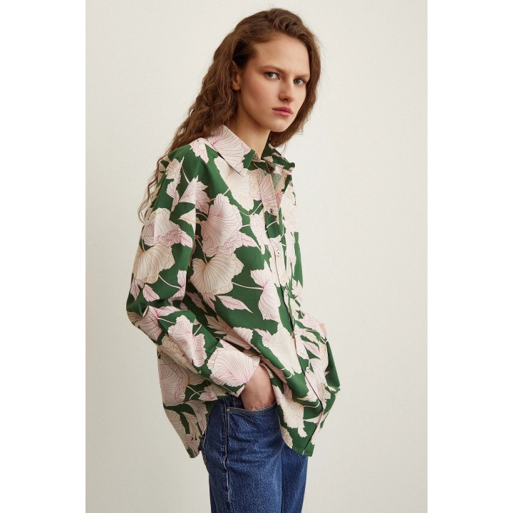 Gül Desenli Poplin Gömlek Yeşil