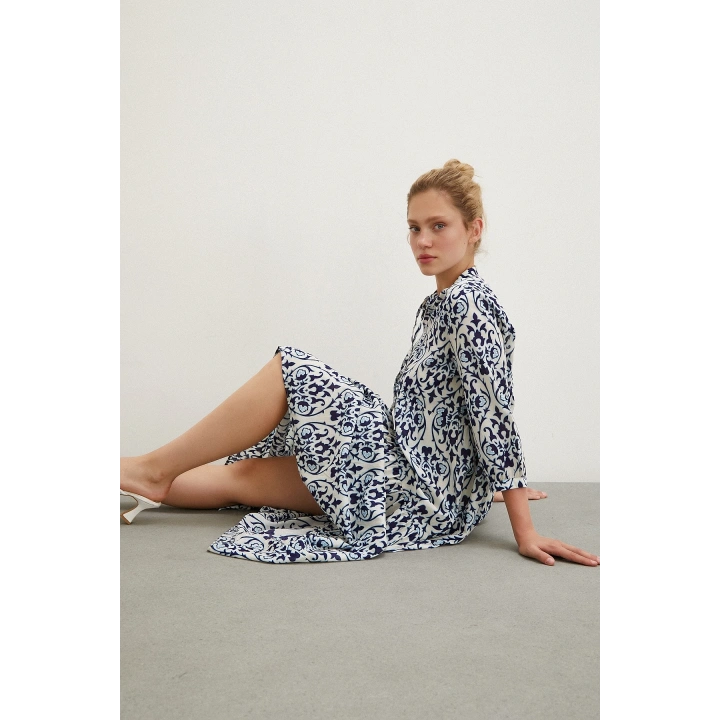 Hakim Yaka Desenli Maxi Elbise Lacivert